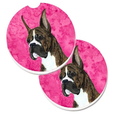 Carolines Treasures Pink Brindle Cropped Eared Boxer Set of 2 Cup Holder Car Coaster SS4784-PKCARC